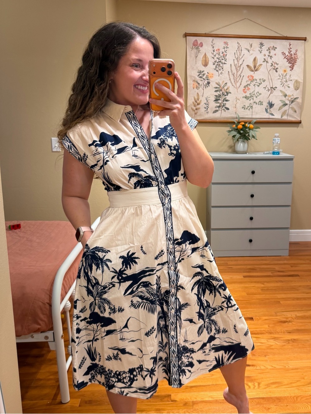 Maggy London Dulcie Cream and Navy Tropical Print Button-Front Dress 8